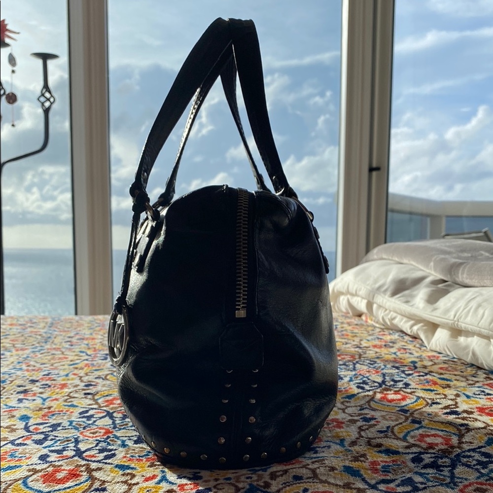 Michael Kors Black Studded Leather Satchel with Gold MK Charm - Picture 2 of 9